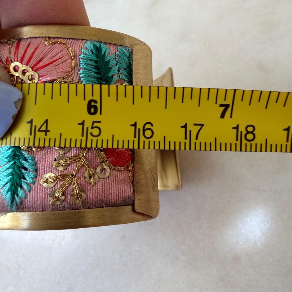 Bohemian‎ Floral Embroidered Wide Cuff Bracelet Gold Tone Pink Sequin Statement - Picture 9 of 11